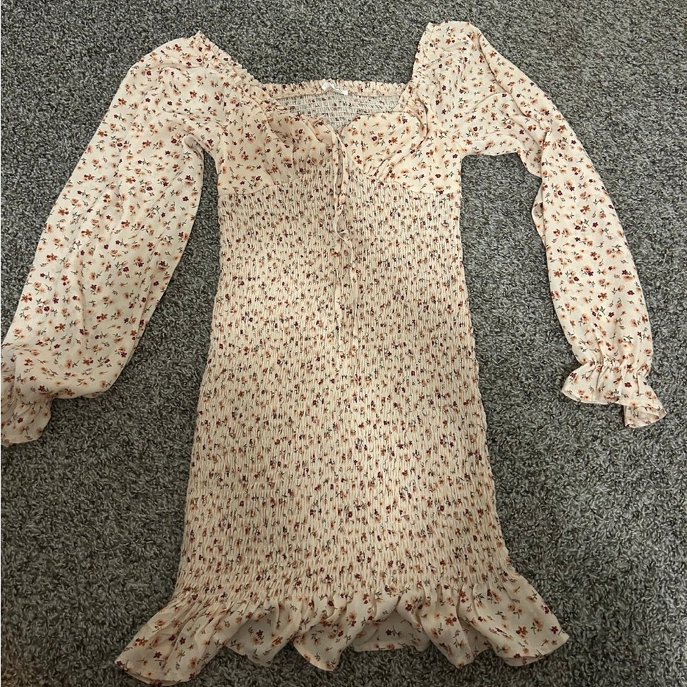 Pink blush maternity dress- Floral Smocked Long Sleeve Mini Dress